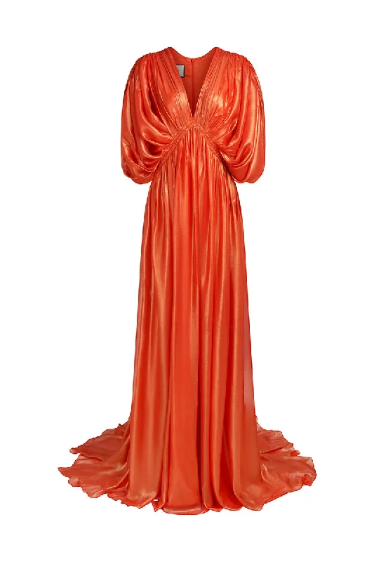 NEMO ORANGE V-NECK DRAPED MAXI DRESS Elegant Maxi Dress with Lace