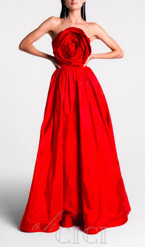 OFF-SHOULDER 3D FLOWER CHIFFON MAXI DRESS IN RED