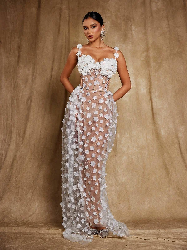 Oksana Spaghetti Flower Corset Maxi Dress In White Cozy Knit Maxi Dress