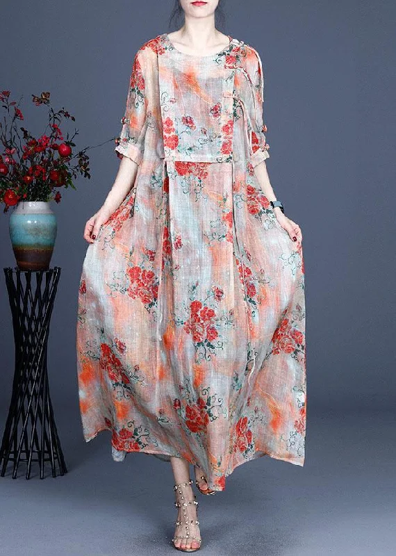 Orange Slim Fit Print Asymmetrical Summer Ramie Maxi Dress Half Sleeve