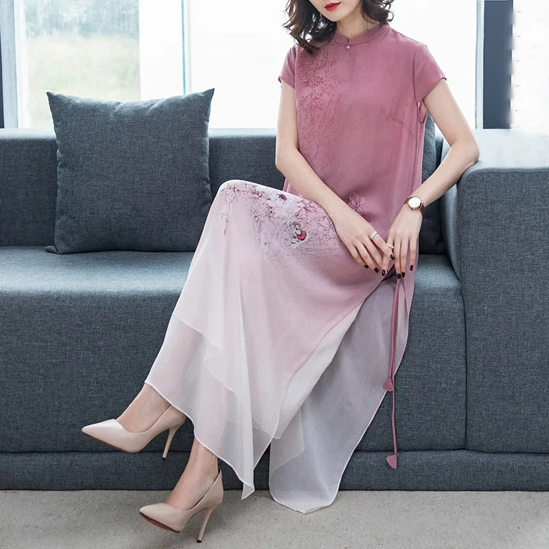 Pink Floral Silk Cheongsam Elegant Maxi Dresses 2022 Summer Print 4XL Plus Size Chinese Style Dress Women Bodycon Party Vestidos Cozy Knit Maxi Dress
