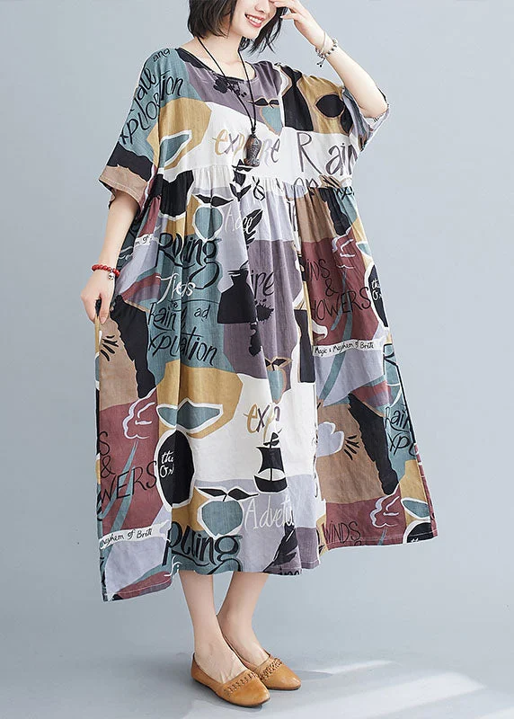 Plus Size Grey O-Neck Print Wrinkled Cotton Maxi Dresses Short Sleeve Elegant Maxi Dress with Pockets