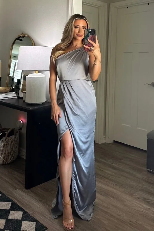 Power of Love Satin One Shoulder Maxi Dress: Silver Fashionable Chiffon Maxi Dress