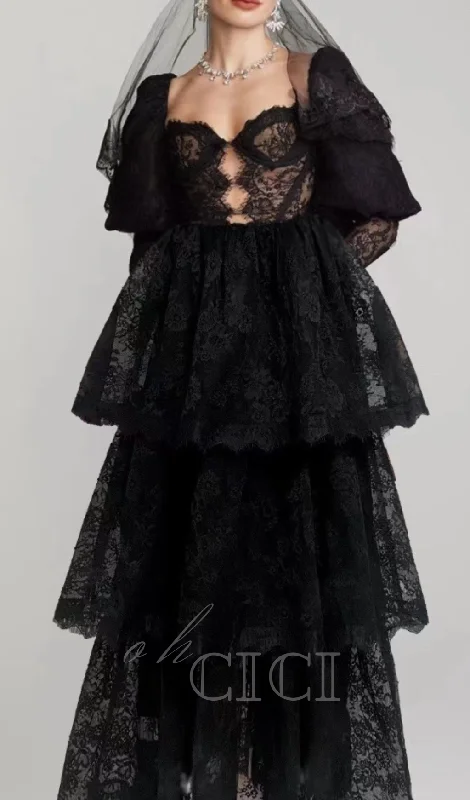 PUFF SLEEVE LACE MAXI DRESS IN BLACK Fashionable High-Waist Maxi Dress