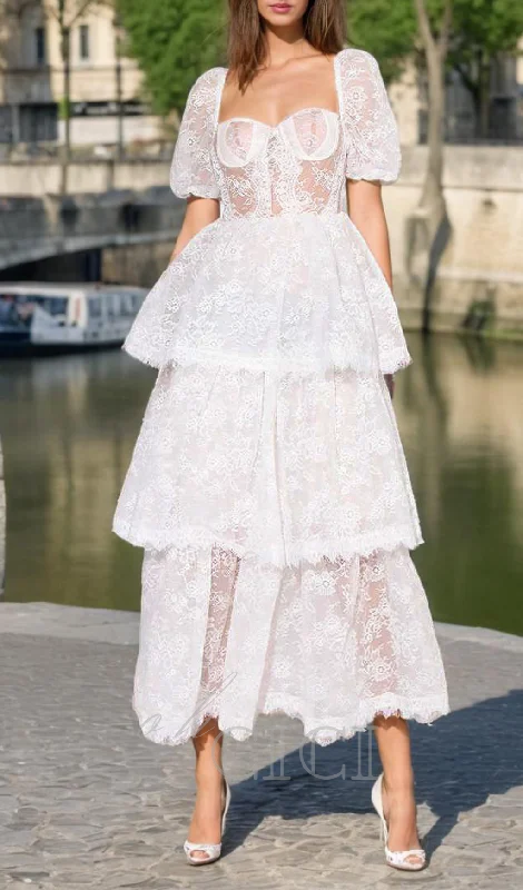 PUFF SLEEVE LACE MAXI DRESS IN WHITE Fashionable Printed Maxi Dress