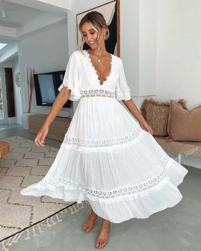 QI Cowboy maxi Dress White Deep V neckline Crochet frill trim summer dress flare sleeve boho dress chic dress women 2022