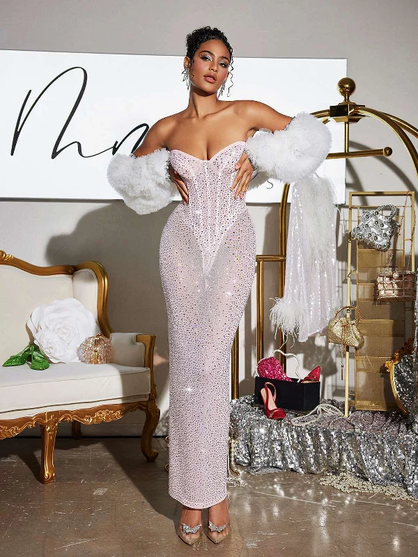 Roanya Strapless Rhinestone Corset Maxi Dress