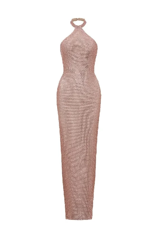ROSE GOLD SPARKY HALTERNECK MAXI DRESS Fashionable Button-Down Maxi Dress