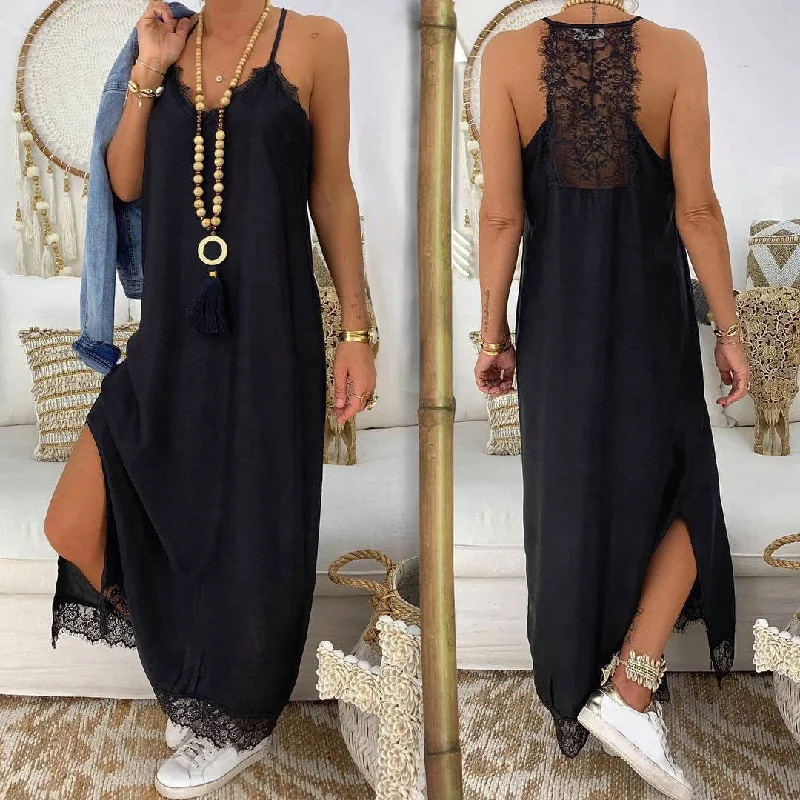 Sexy Black Lace Patchwork Strap Dress V Neck Sleeveless Side Split Women Summer Dresses Beach Maxi Dress Loose Robe Femme  #YY Comfortable Bohemian Maxi Dress