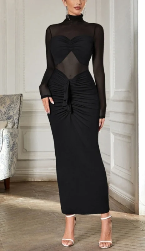SHEER RUCHED MAXI DRESS IN BLACK Classic V-Neck Maxi Dress
