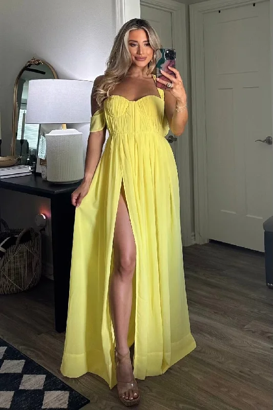 She's a Dream Chiffon Maxi Dress: Bright Yellow Elegant Floral Maxi Dress