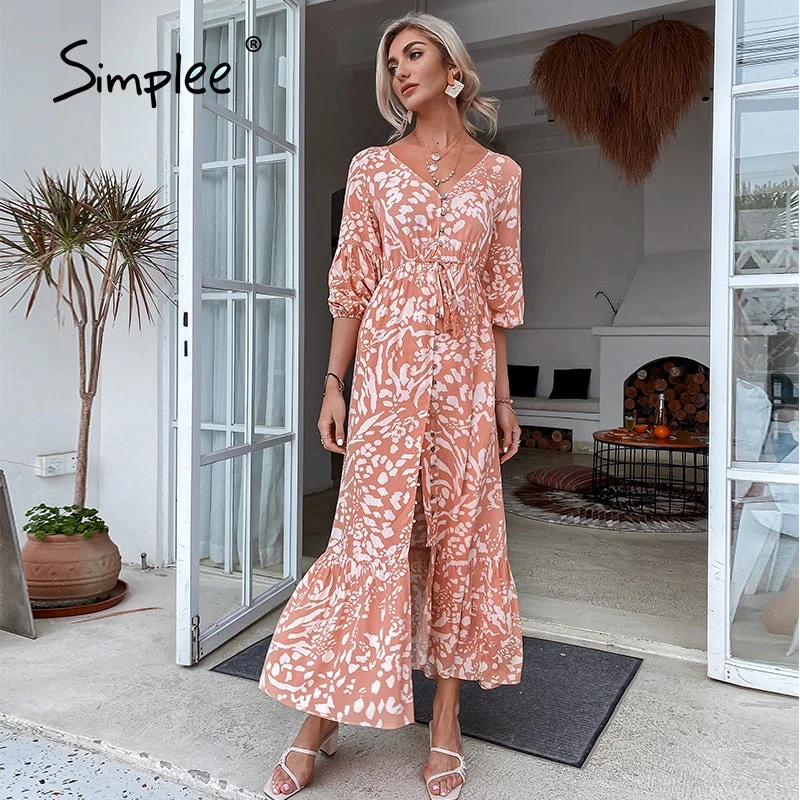 Simplee Casual printed spring women Maxi dress High-waist V-neck lace-up beach Vestidos  loose buttoned A-line dress 2022 Trendy Maxi Dress with Bow