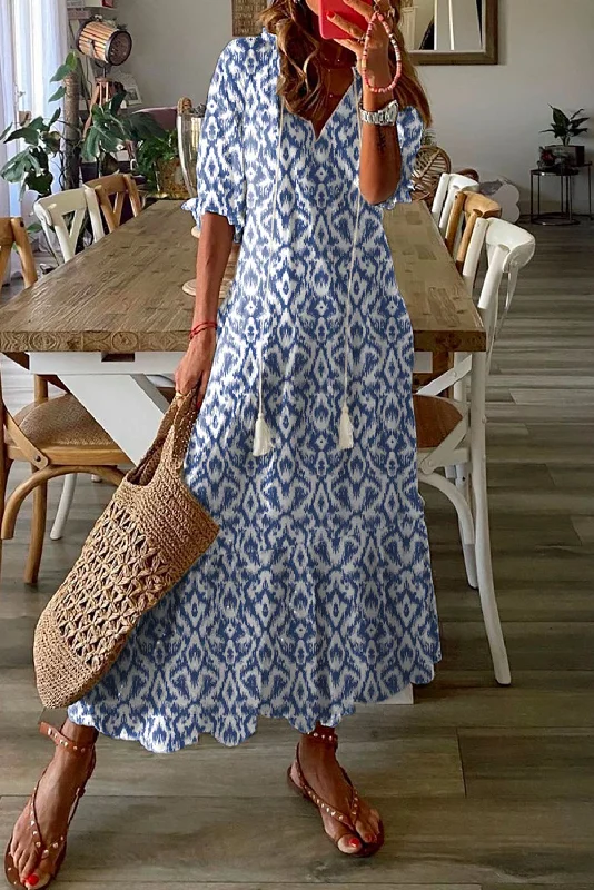 Blue Zone Planet |  Sky Blue V Neck Geometric Print Maxi Dress Trendy Maxi Dress with Lace