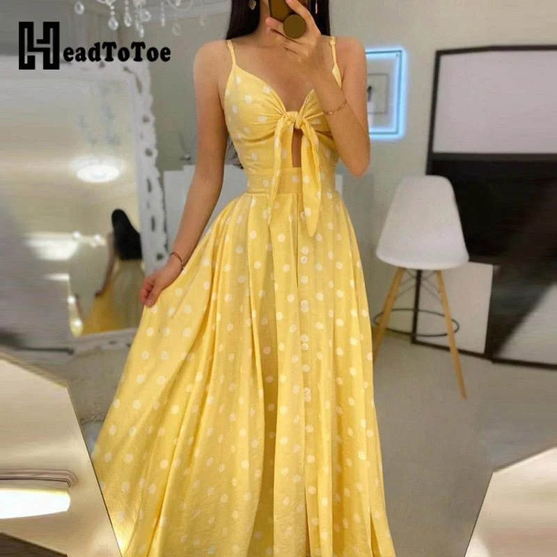 Spaghetti Strap Polkadot Print Knotted Design Maxi Dress Women Summer Dress