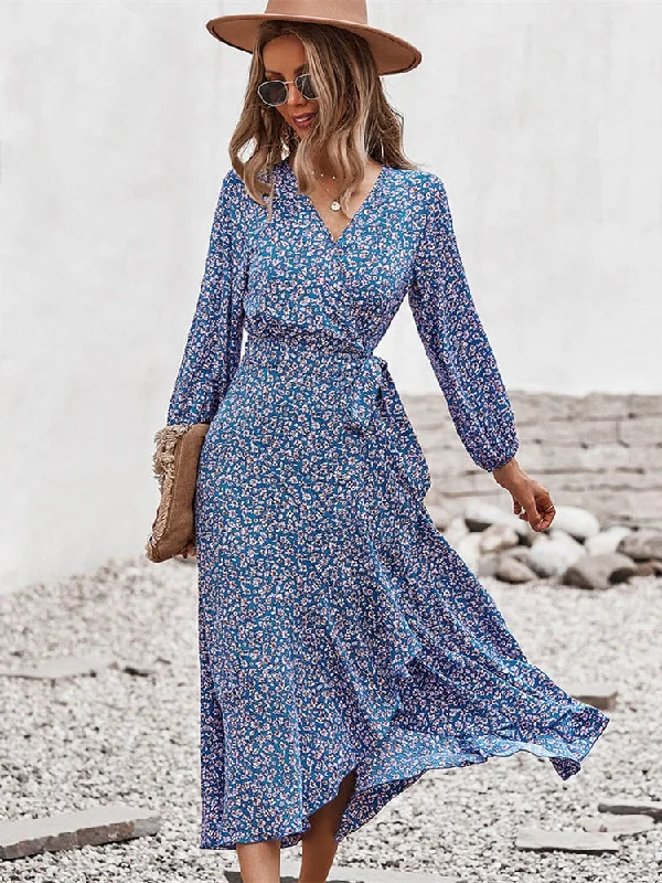 Spring Autumn Long Bandage Print Dress For Women V Neck Full Sleeve Hight Waist Winter Maxi Dresses Ladies Elegant Fashionable Sheer Maxi Dress