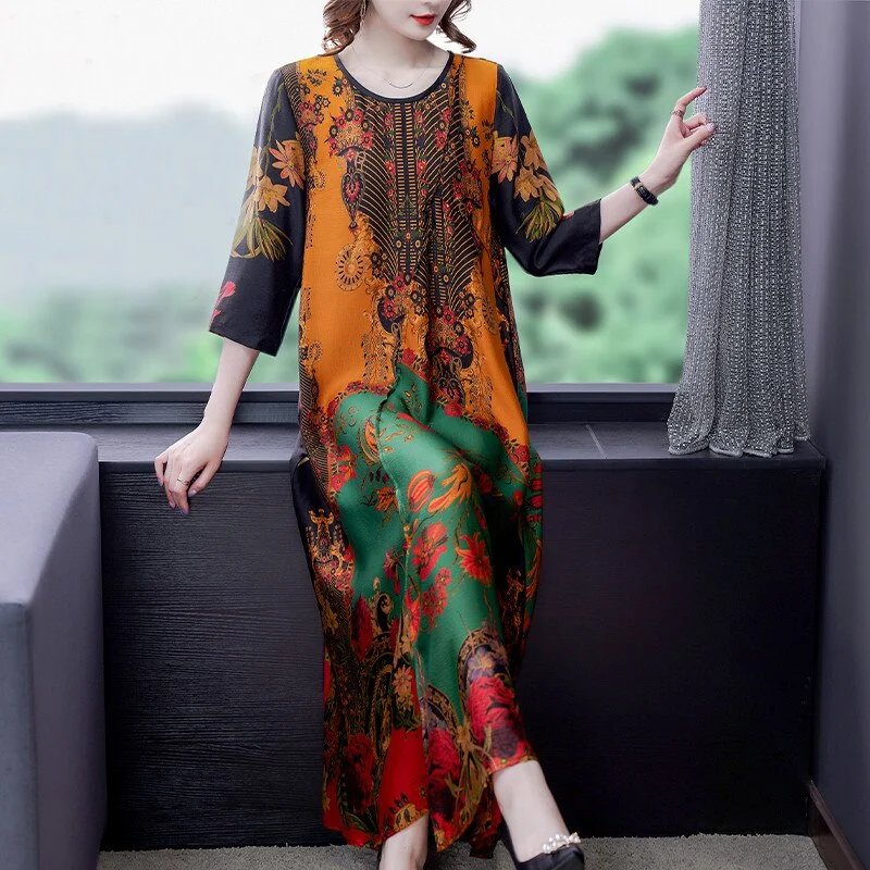 Spring Summer Boho Vintage Print Mulberry Silk Maxi Dress 2022 Loose 4XL Plus Size Chiffon Dress Elegant Women Bodycon Vestidos Elegant Velvet Maxi Dress