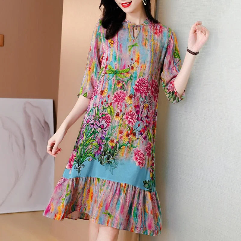 Spring Summer Boho Vintage Print Mulberry Silk Maxi Dress 2022 Loose 4XL Plus Size Chiffon Dress Elegant Women Bodycon Vestidos