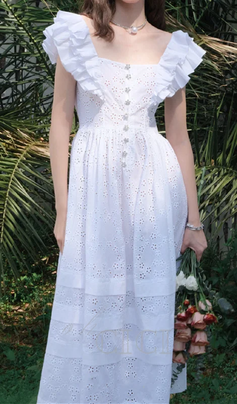 SQUARE COLLAR LACE MESH MAXI DRESS IN WHITE Trendy Maxi Dress with Belt