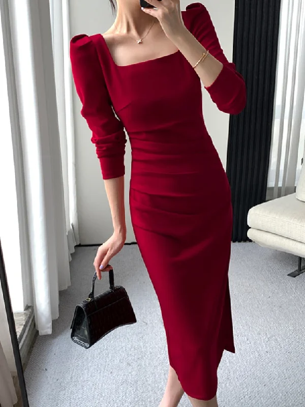 Square Collar Solid Wedding Maxi Dresses for Women Office Lady Bodycon Midi Dress Elegant Korea Fashion Clothes Autumn Robe Chic Boho Print Maxi Dress