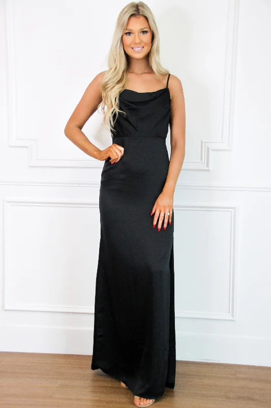 Stand by You Satin Maxi Dress: Black Elegant Maxi Dress with Ruffles