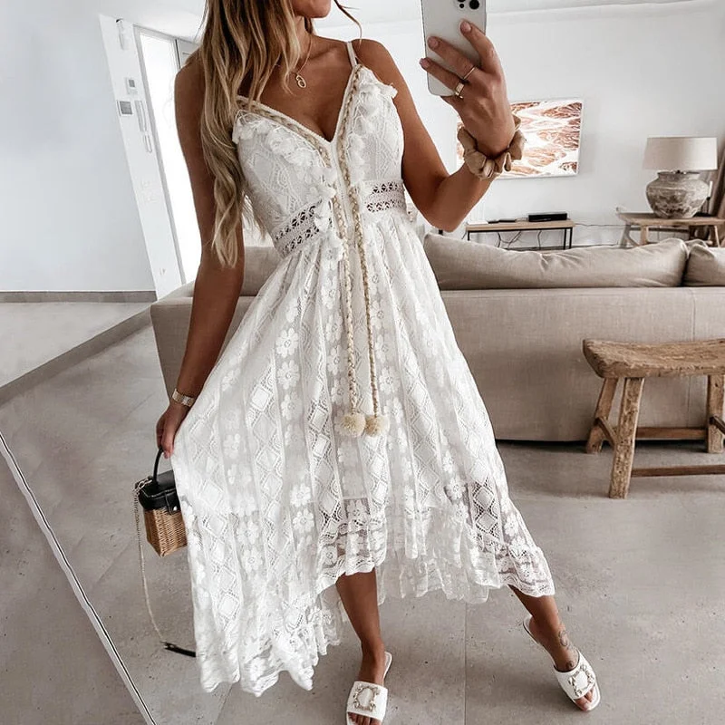 Strapless Summer Boho Maxi Dress Women V-Neck Tassel White Lace Sexy Dresses 2022 Bohemian Irregular Long Beach Dress Vestidos