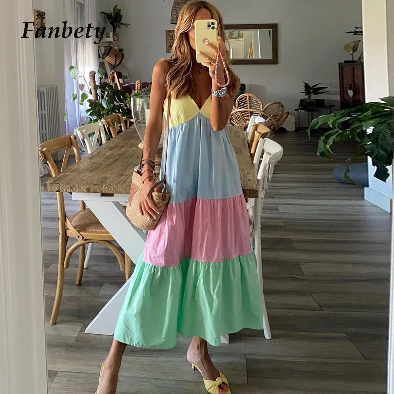 Summer Colorful Patchwork Printed Long Party Dress Women Sexy Sing Sleeveless Maxi Dresses Female Casual Loose Beach Boho Dress