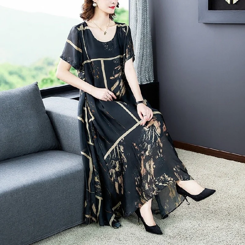 Summer Loose Vintage Black Chiffon Maxi Dress 2022 Elegant Female 4XL Plus Size Print Midi Sundress Party Bodycon Runway Vestido Elegant Sleeveless Maxi Dress