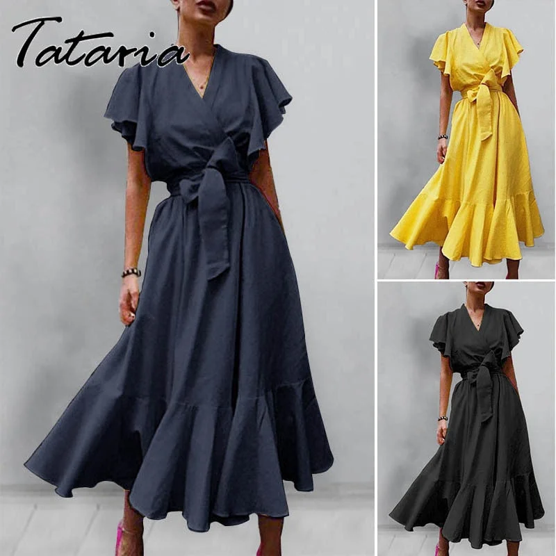 Summer Ruffle Dress Women  High Waist Lace Up Ruffle Sleeve V-neck Maxi Dresses for Women Mid-length Female Yellow Dress