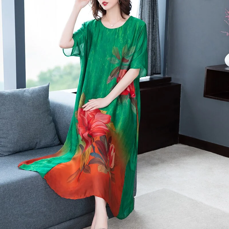 Summer Vintage 4XL Plus Size Tencel Dress 2022 Loose Casual Print Mulberry Silk Maxi Dress Women Elegant Bodycon Party Vestidos Trendy Floral Print Maxi Dress