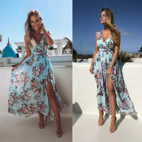 Summer Women V-neck Floral Printed Dress Female Sexy Boho Holiday Vintage Long Maxi Dress Evening Party Split Dresses Vestidos Comfortable Satin Maxi Dress Summer Women V-neck Floral Printed Dress Female Sexy Boho Holiday Vintage Long Maxi Dress Evening Party Split Dresses Vestidos Comfortable Satin Maxi Dress