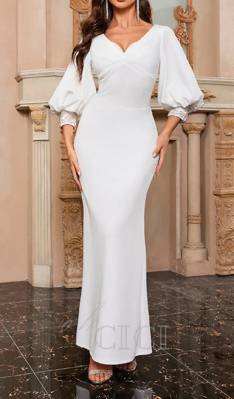 V-NECK PUFF SLEEVE BODYCON MAXI DRESS IN WHITE Elegant Floral Maxi Dress