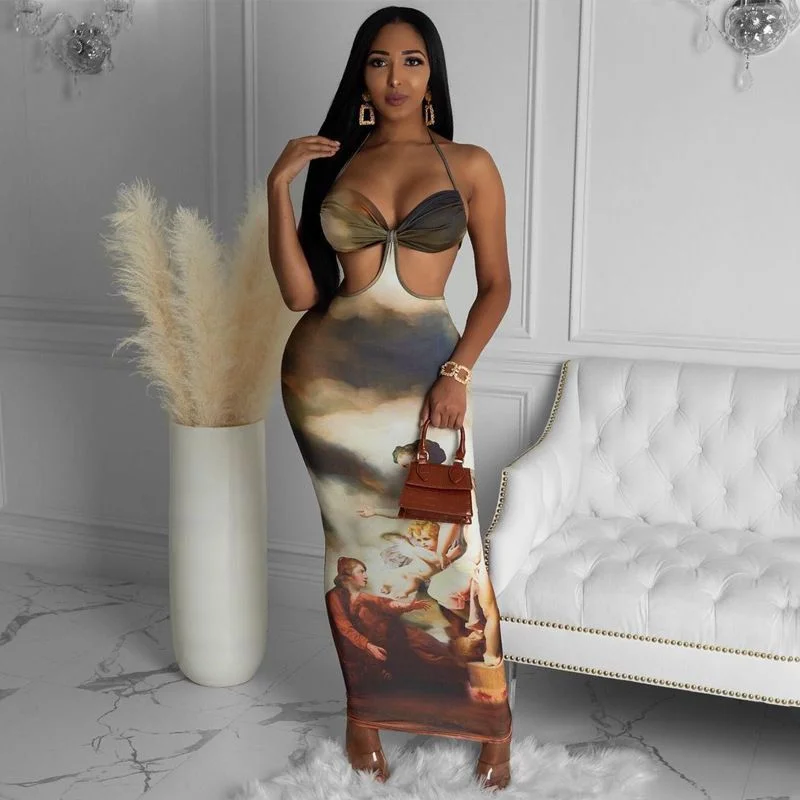 Vintage Print Lacing Maxi Dress Women Sexy Bra Halter Backless Bodycon Vestido  Female Body-shapin Streetwear Summer Fashionable Printed Maxi Dress