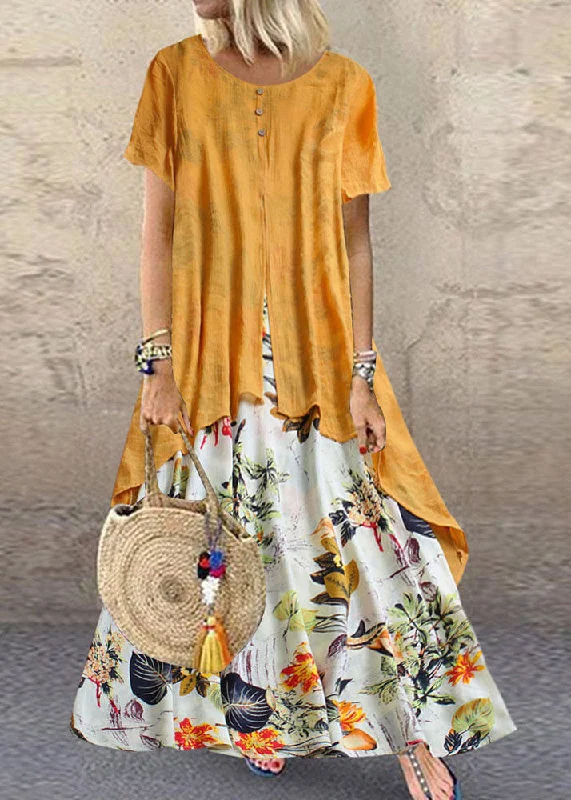 Vintage Short Sleeve O-neck Print Patchwork Pocket Long Maxi Dress For Women