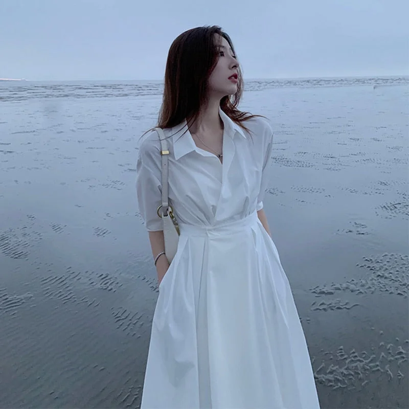 Vintage Solid Shirt Dress Korean Turn Down Collar Work Maxi Dresses for Women White Loose Casual Long Woman Dress Summer Stylish Maxi Dress with Frills Vintage Solid Shirt Dress Korean Turn Down Collar Work Maxi Dresses for Women White Loose Casual Long Woman Dress Summer Stylish Maxi Dress with Frills