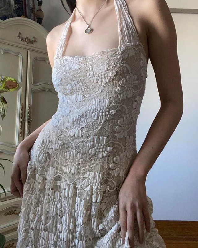 Vintage Sweet Halter Lace A-Line Dress Slim Backless Sleeveless Maxi Dresses For Women Summer Fashion Holiday Lady Stylish Boho Chic Maxi Dress Vintage Sweet Halter Lace A-Line Dress Slim Backless Sleeveless Maxi Dresses For Women Summer Fashion Holiday Lady Stylish Boho Chic Maxi Dress