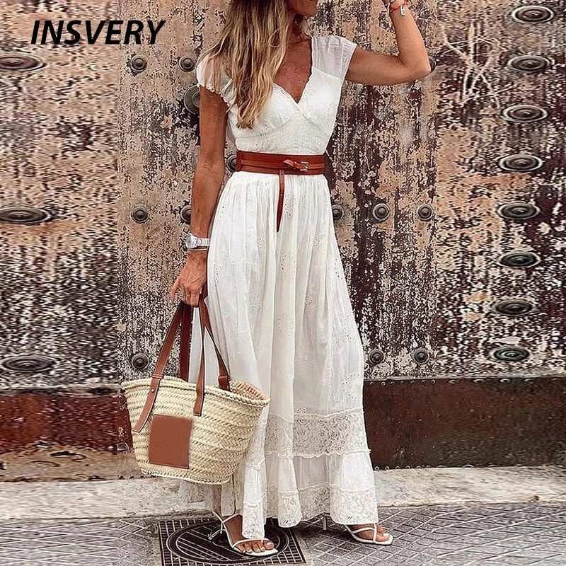 White Maxi Dresses For Women Elegant V Neck Lace Long Dress Women Short Sleeve Sexy Beach Party Dress Boho With Belt