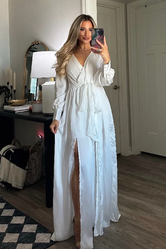 Winter Beauty Satin Maxi Dress: White