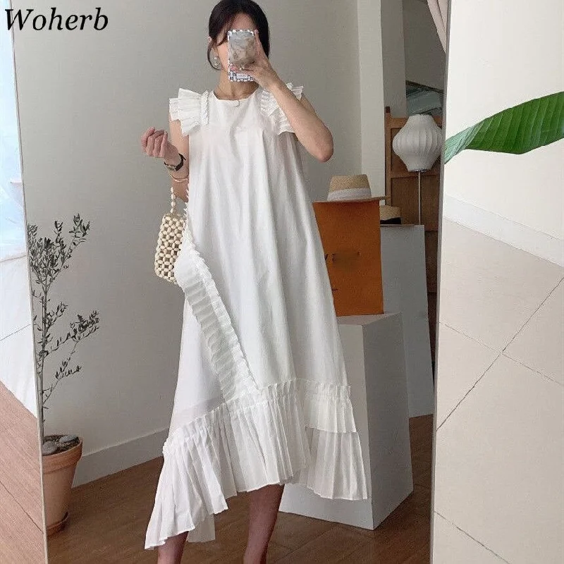 Woherb Summer Casual Sleeveless Tank Maxi Dress Women Ins Ruffle Patch Loose Vintage Dress Chic Robe Femme Fashionable Chiffon Maxi Dress Woherb Summer Casual Sleeveless Tank Maxi Dress Women Ins Ruffle Patch Loose Vintage Dress Chic Robe Femme Fashionable Chiffon Maxi Dress