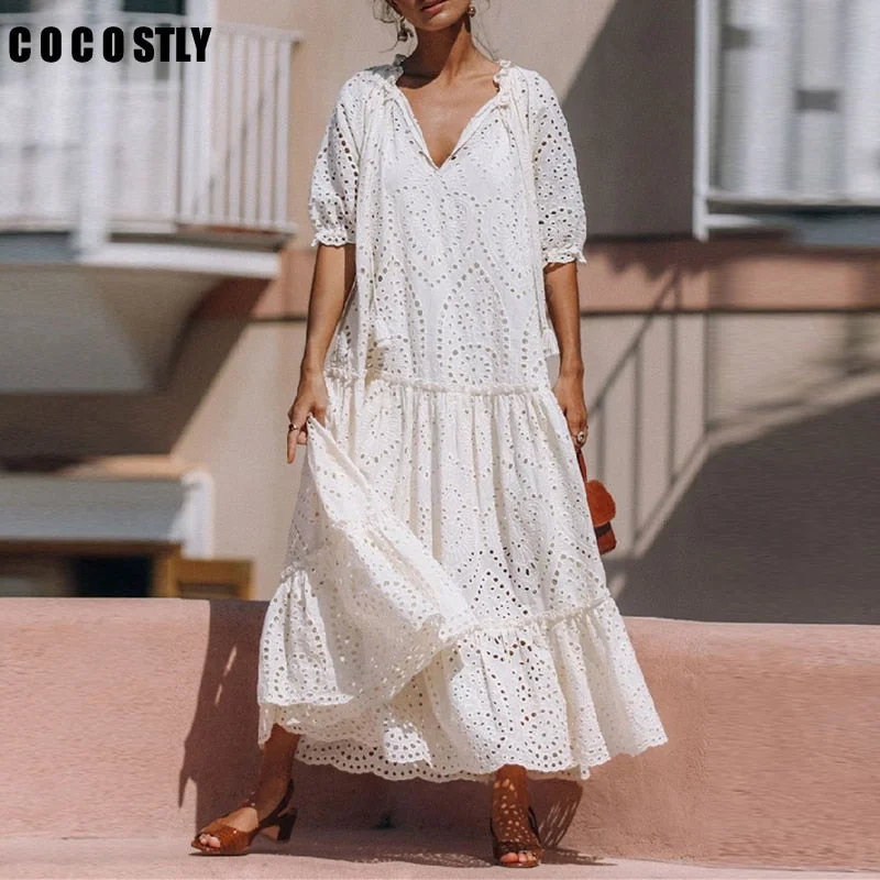 woman dress white long boho dress ladies V-neck Hollow Out Embroidery  summer dress  2022 maxi dresses for women robe femme