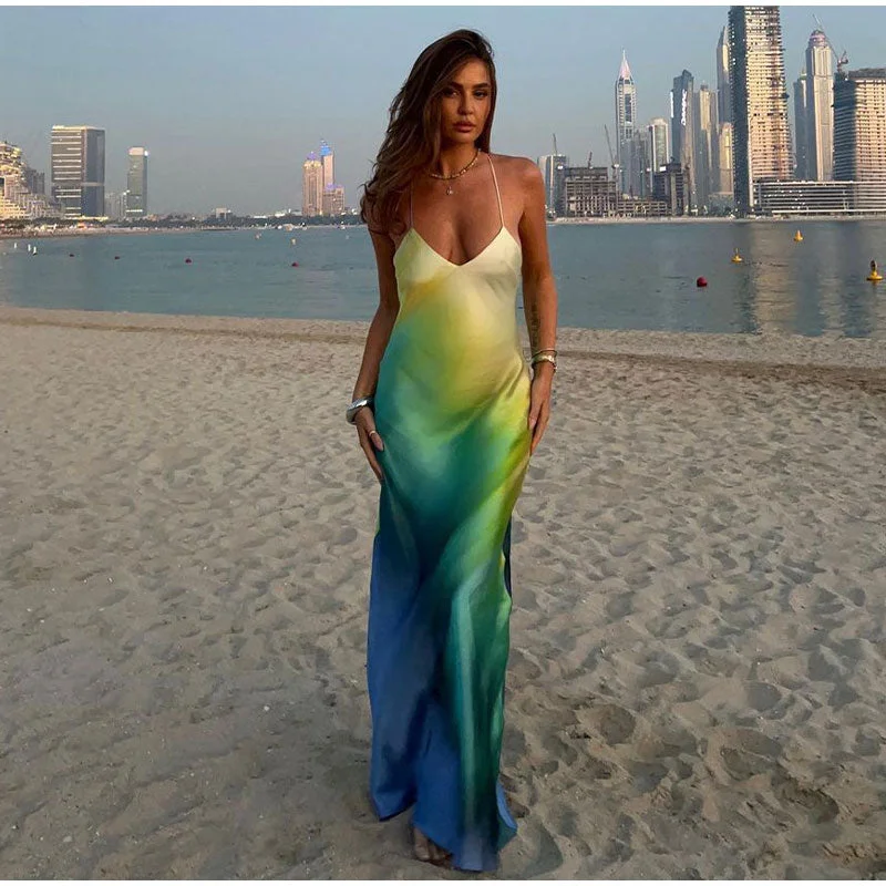 Women Fashion Sexy Backless Contrast Printing Sling Maxi Dress Chic V-neck Sleeveless Dresses Female Elegant Beach Party Vestido Fashionable High-Waist Maxi Dress