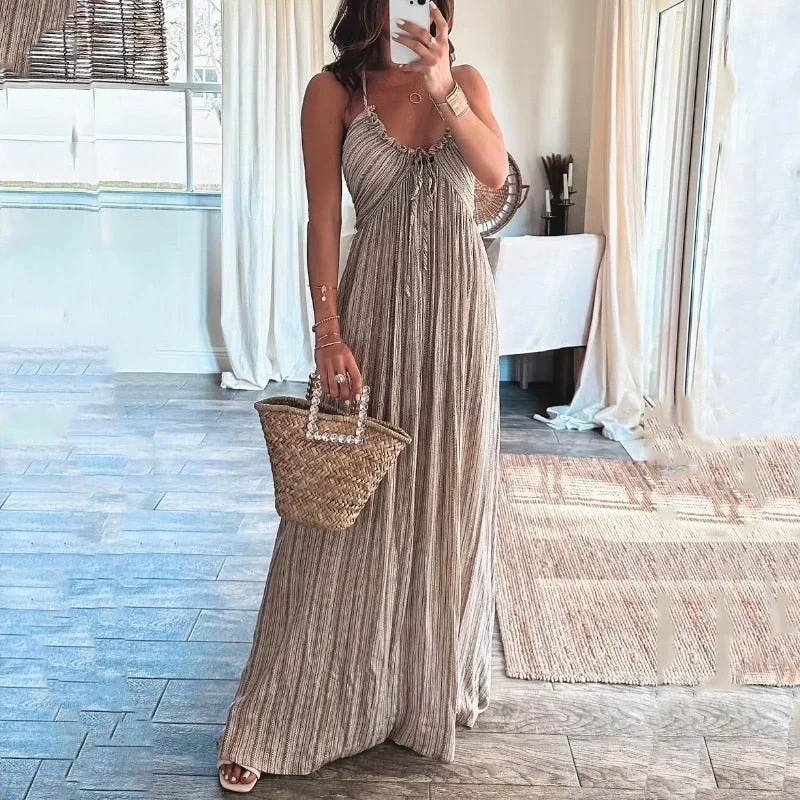 Women Maxi Dress Summer Casual Printed Halter Sleeveless V Neck Lace Up Backless Beach Loose Dresses High Streetwear Elegant Tiered Maxi Dress