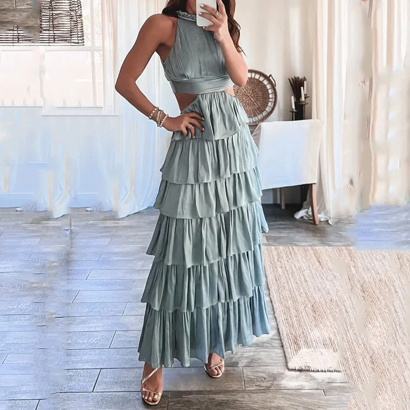 Women Maxi Dress Summer Elegant Solid Ruffled Sleeveless Round Neck Hollow Out Backless Lace Up Slim Nipped Waist Dress Cozy Open-Back Maxi Dress
