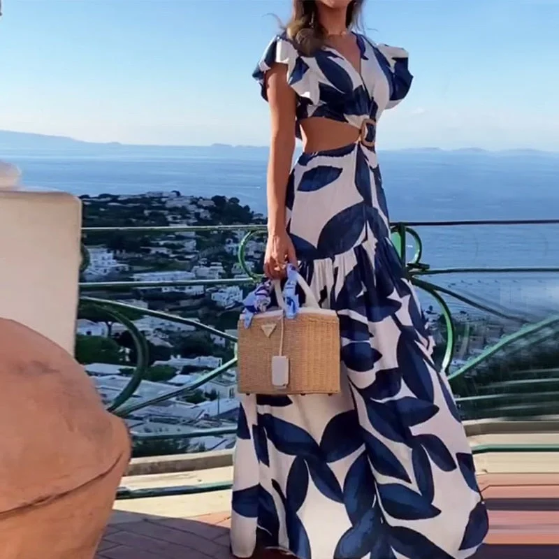 Women Maxi Dress Summer Sexy Fashion Leaky Waist V Neck Backless Butterfly Short Sleeve Print Long Skirt Dresses Elegant Pleated Maxi Dress