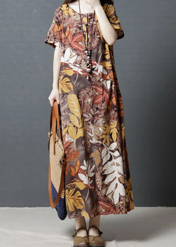 Women Short Sleeve Crew Neck Floral Cotton Vintage Maxi Dress