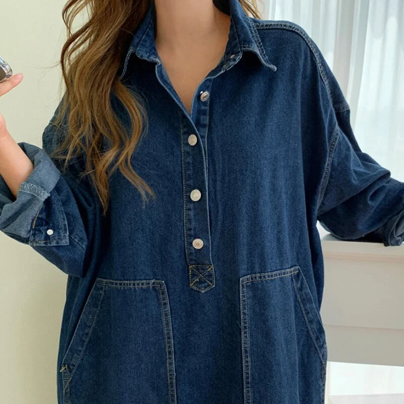 Women's Autumn Long Sleeve Denim Shirt Dress Button Pocket Jeans Maxi Dresses Casual Loose Female Street Wear Denim Robe