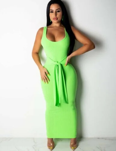 Womens Bandage Sleeveless Maxi Dress Ladies 2022 Summer Evening Party Long Tank Dresses Female Belt Sundress Solid Color S-XL Chic Summer Floral Maxi Dress