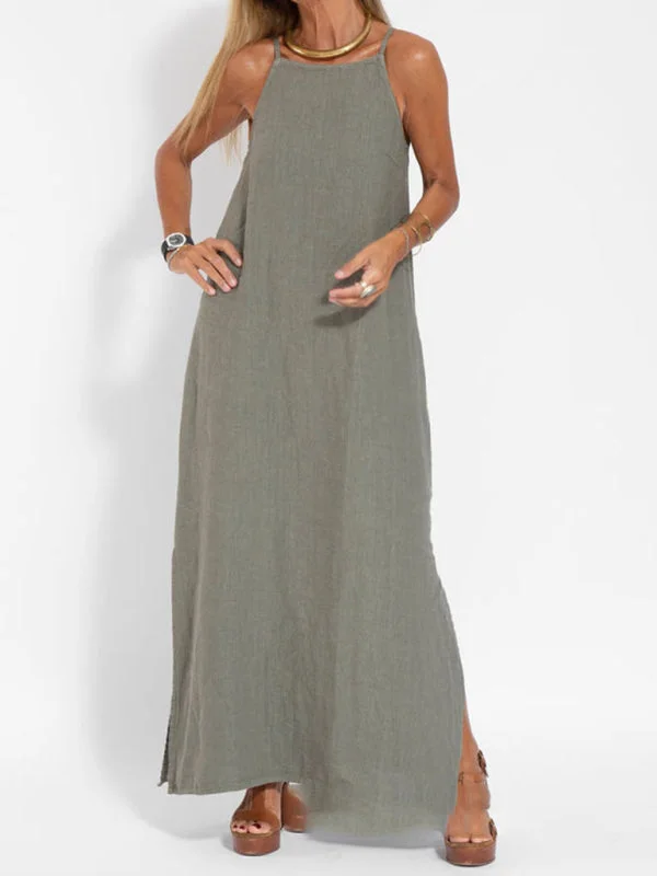 Blue Zone Planet |  Zoe's Cotton-Linen Slit Spaghetti Strap Maxi Dress Comfortable Maxi Dress with Sleeves