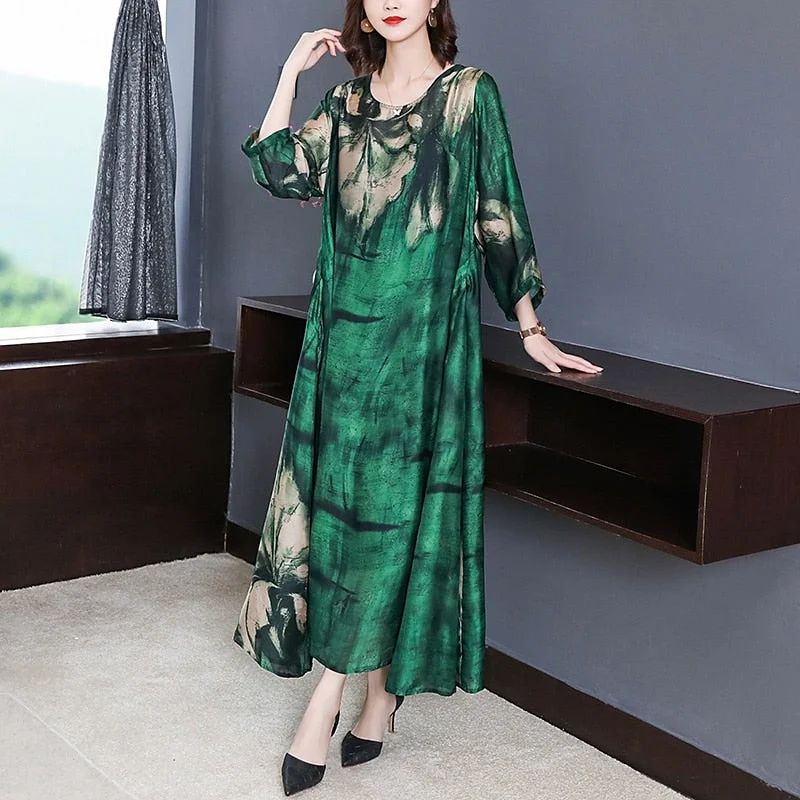 ZUOMAN 2022 Loose Casual Print Mulberry Silk Maxi Dress Spring Summer Vintage 4XL Plus Size Dress Elegant Women Bodycon Party Ve Elegant Maxi Dress with Drapes