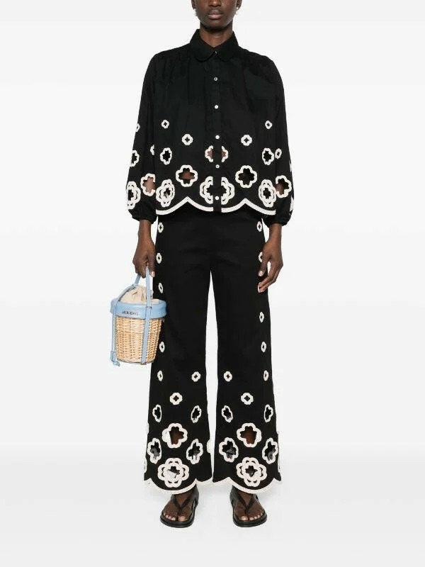 Black Floral 2-Piece Set with Lantern Sleeves Shirt & Long Pants Hooded Caped Shawl Collar