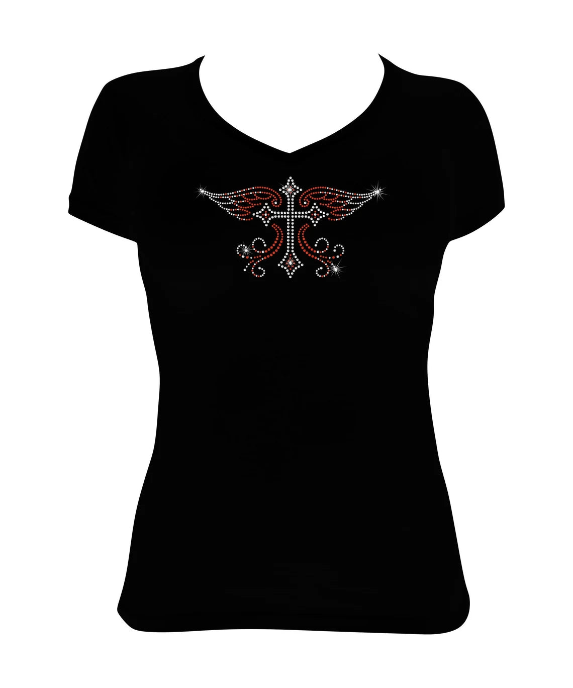 Women's Rhinestone Fitted Tight Snug Cross with Wings - Rhinestone Church shirt, Red Cross